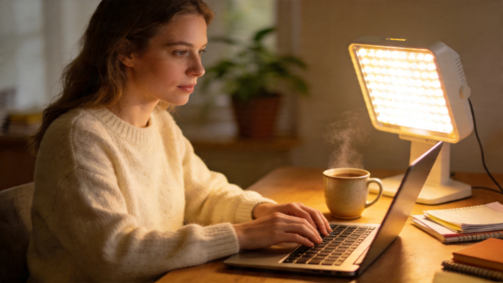 woman using light therapy lamp to fix circadian rhythm in morning