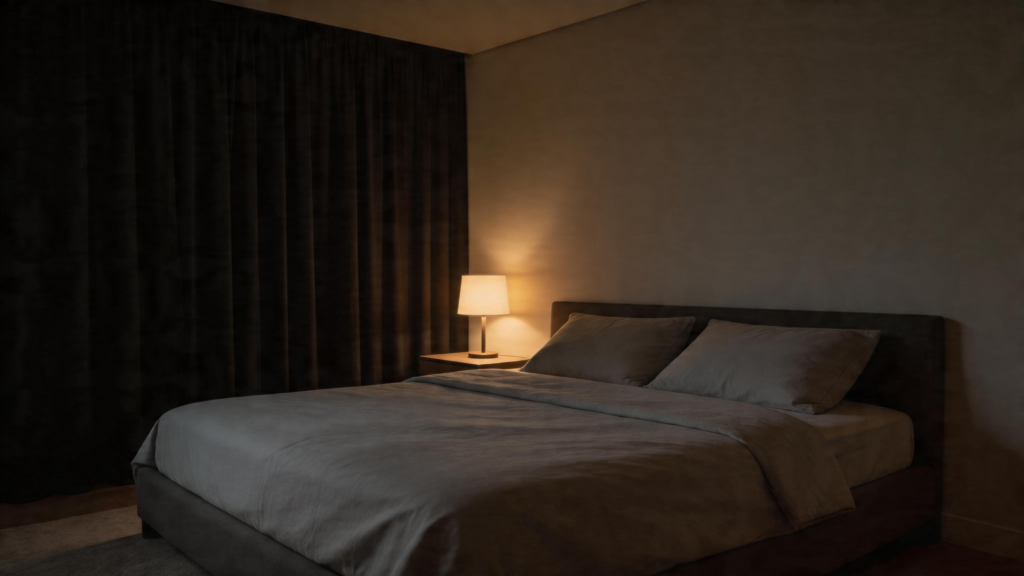 dark bedroom with blackout curtains to prevent waking up too early