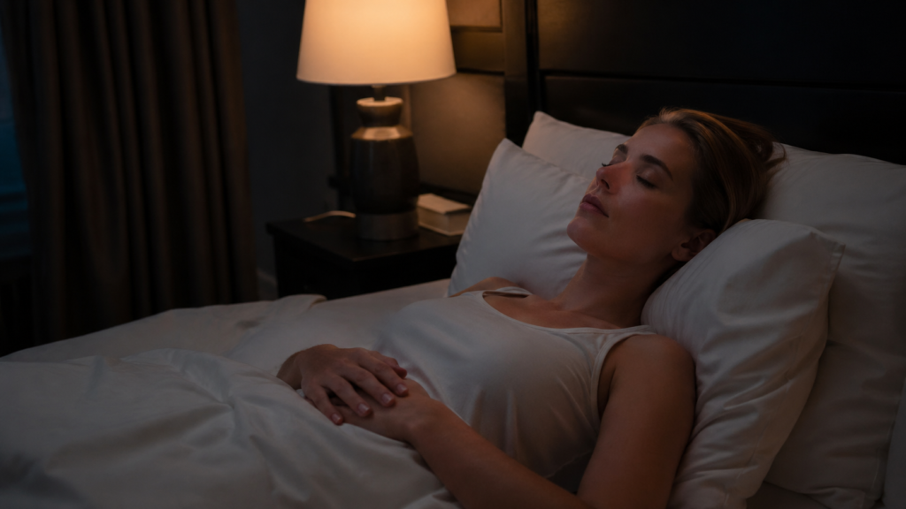 joe dispenza sleep meditation — woman lying down doing guided meditation before sleep