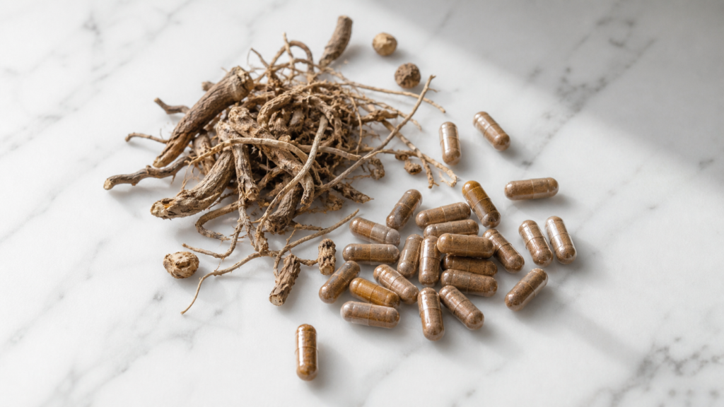 best valerian root for sleep — dried root and capsules on marble surface