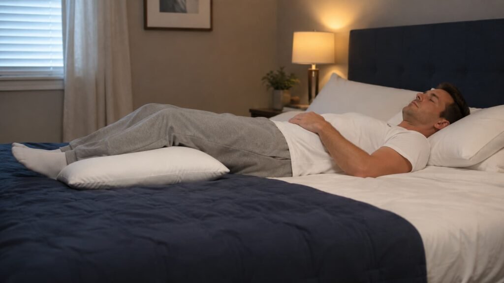 best sleeping position for IT band pain — man sleeping on back with pillow under knees