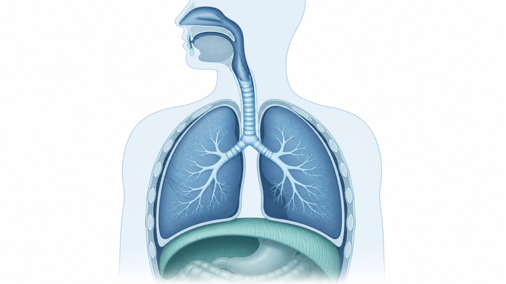 Simplified anatomical illustration of a human diaphragm expanding during breathing, showing that airway remains open during sleep paralysis