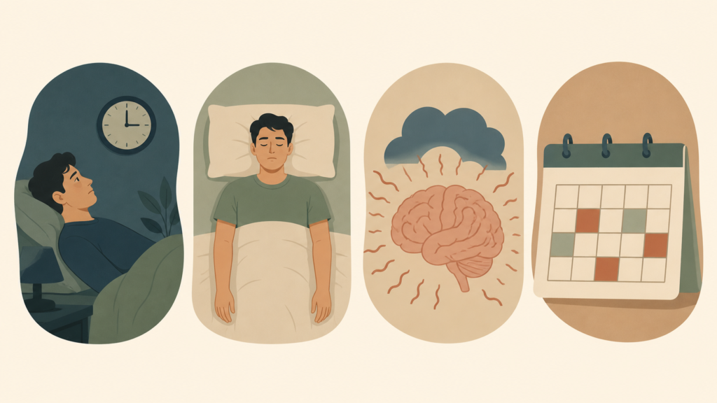 Illustration showing common sleep paralysis triggers including sleep deprivation, back sleeping position, anxiety, and irregular sleep schedule