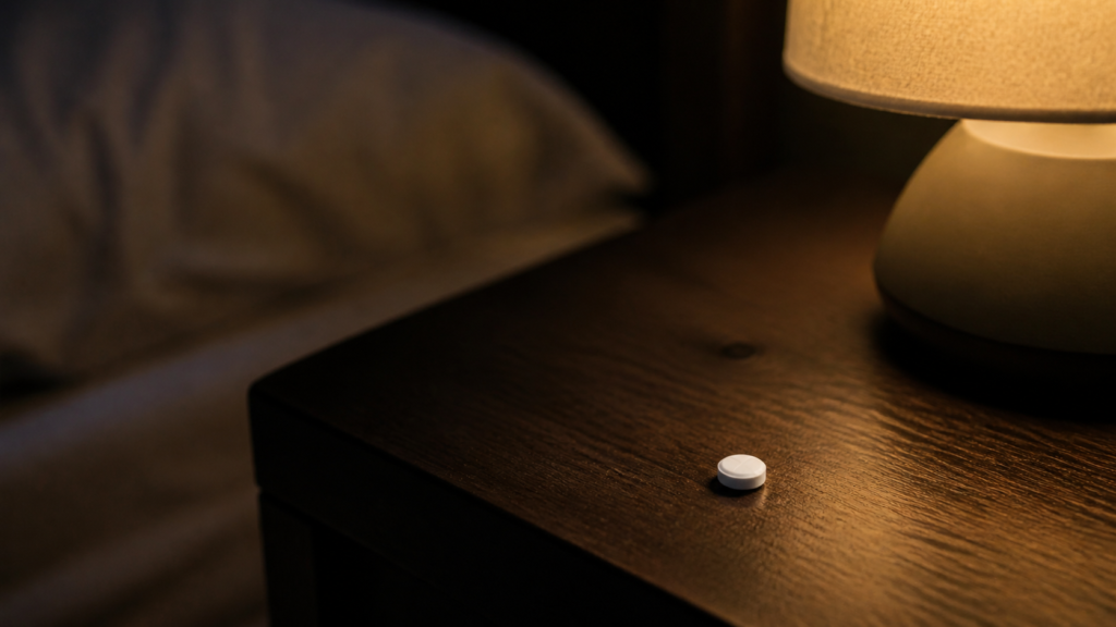 A melatonin supplement on a nightstand at night — illustrating the connection between melatonin and sleep quality