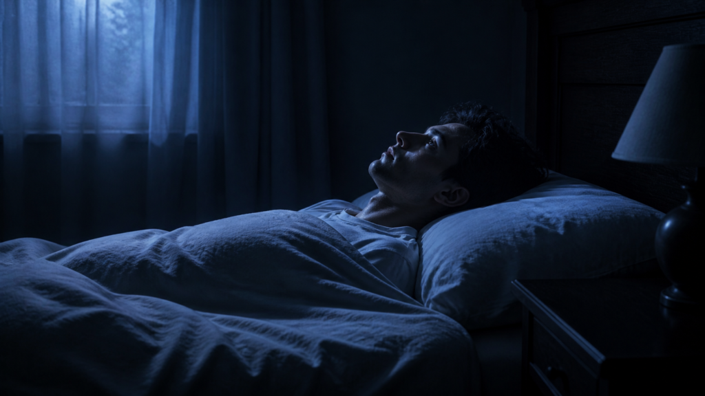 Person lying awake and unable to move during a sleep paralysis episode at night