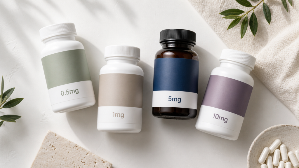 Different melatonin dosage bottles showing the wide range from 0.5mg to 10mg — most people take far more than needed