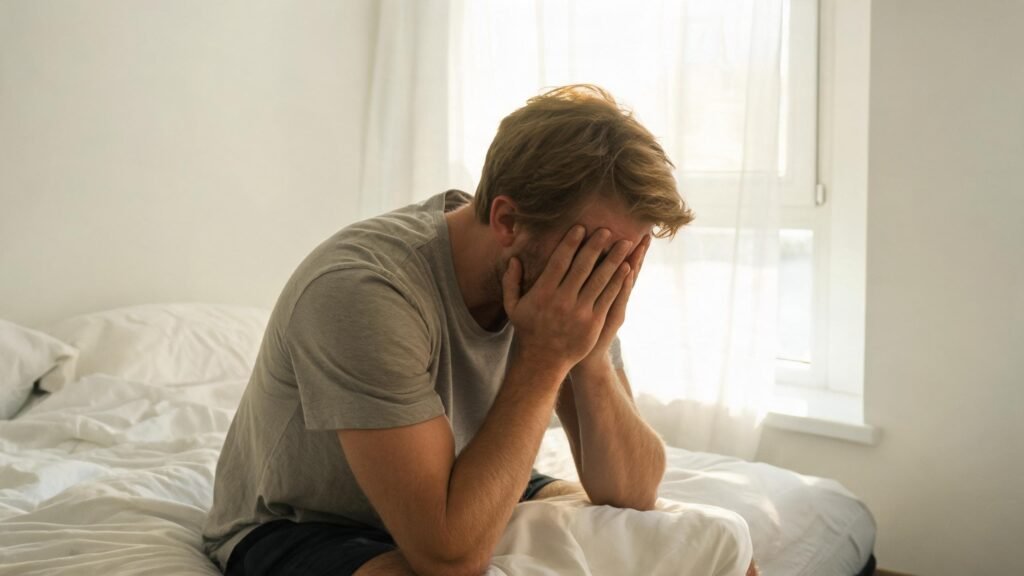 waking up tired after sleeping 8 hours — exhausted man sitting on edge of bed in morning