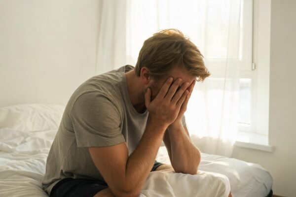 waking up tired after sleeping 8 hours — exhausted man sitting on edge of bed in morning
