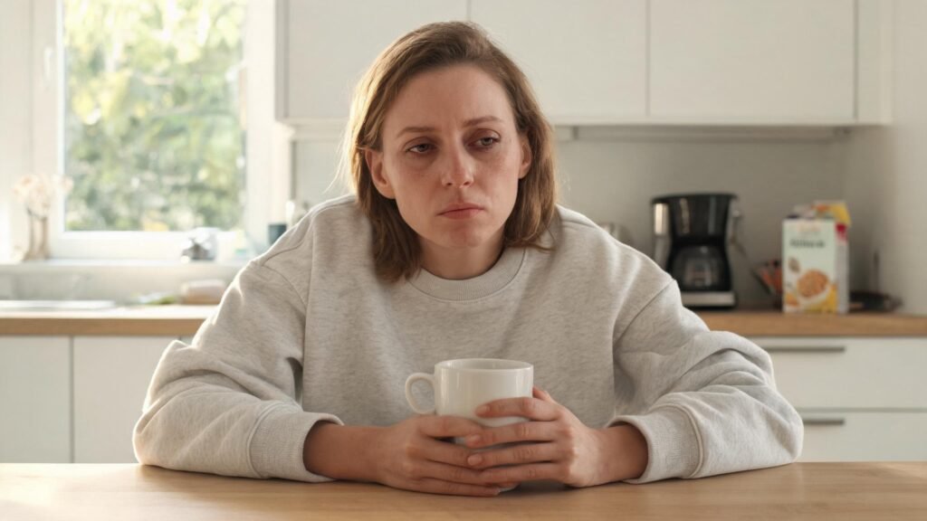 woman exhausted in the morning after waking up tired despite sleeping 8 hours