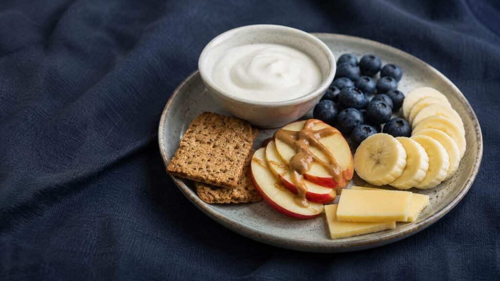small bedtime snack plate with yogurt fruit and crackers