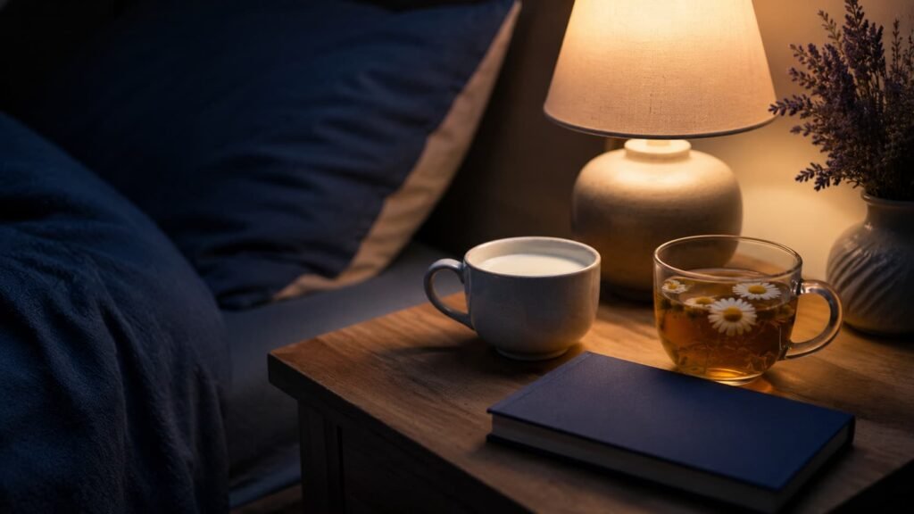 warm milk and chamomile tea on a bedside table before sleep