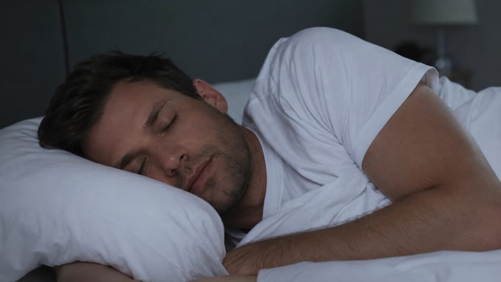 best sleep position for sleep apnea — man sleeping on his side with proper pillow support
