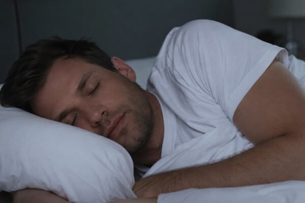 best sleep position for sleep apnea — man sleeping on his side with proper pillow support
