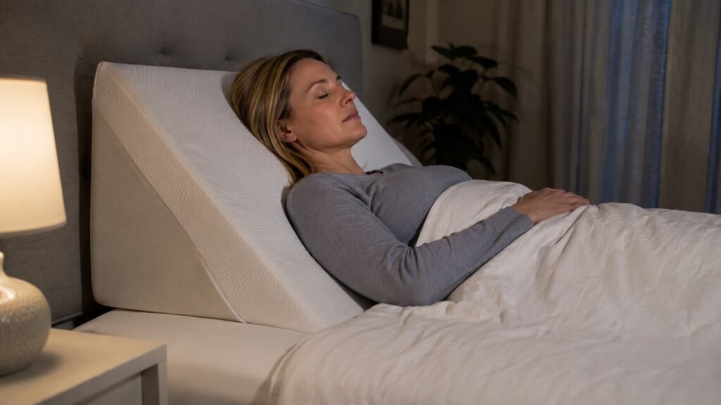 best sleeping position for sinus drainage — woman sleeping elevated on wedge pillow