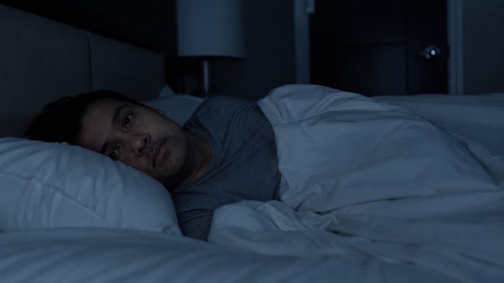 person awake during sleep paralysis at night