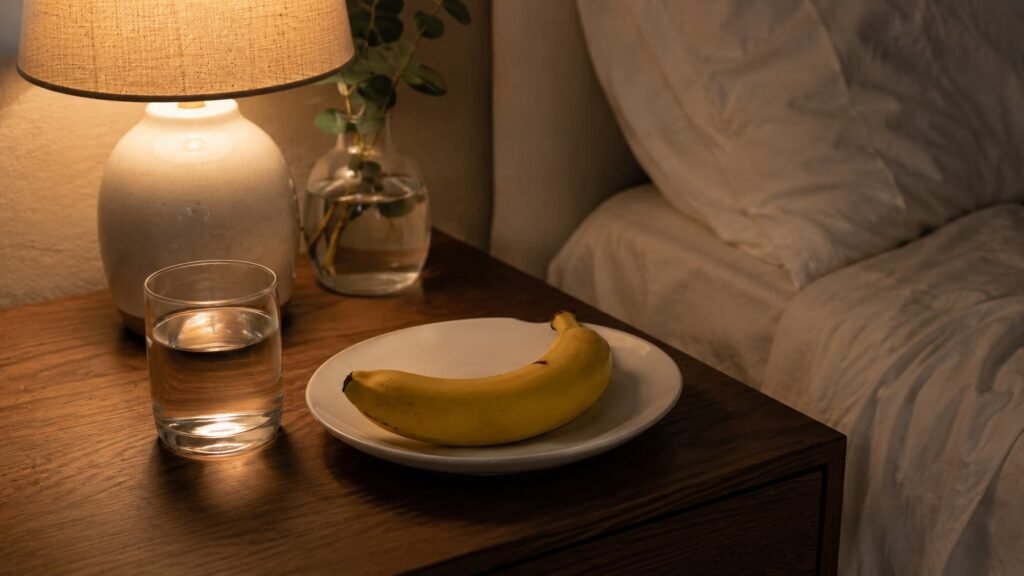 a banana on a nightstand beside a glass of water before sleep