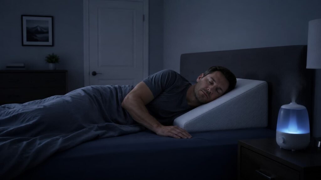 man sleeping on his side with a wedge pillow for deviated septum