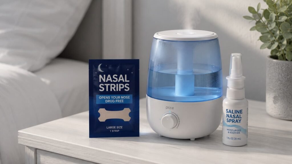 nasal strip, humidifier, and saline spray for deviated septum sleep relief