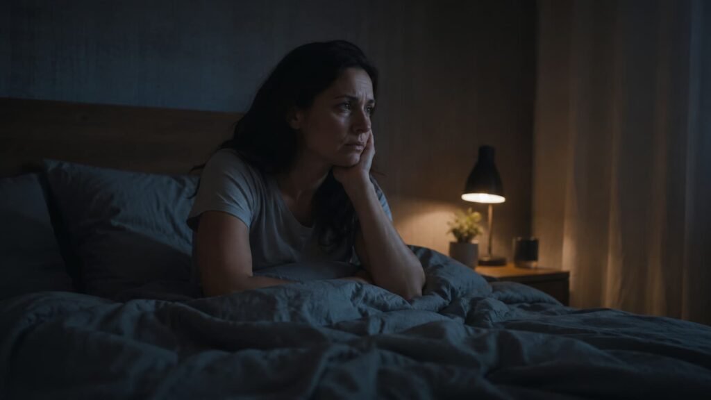 Person awake at night wondering if symptoms are sleep apnea or anxiety