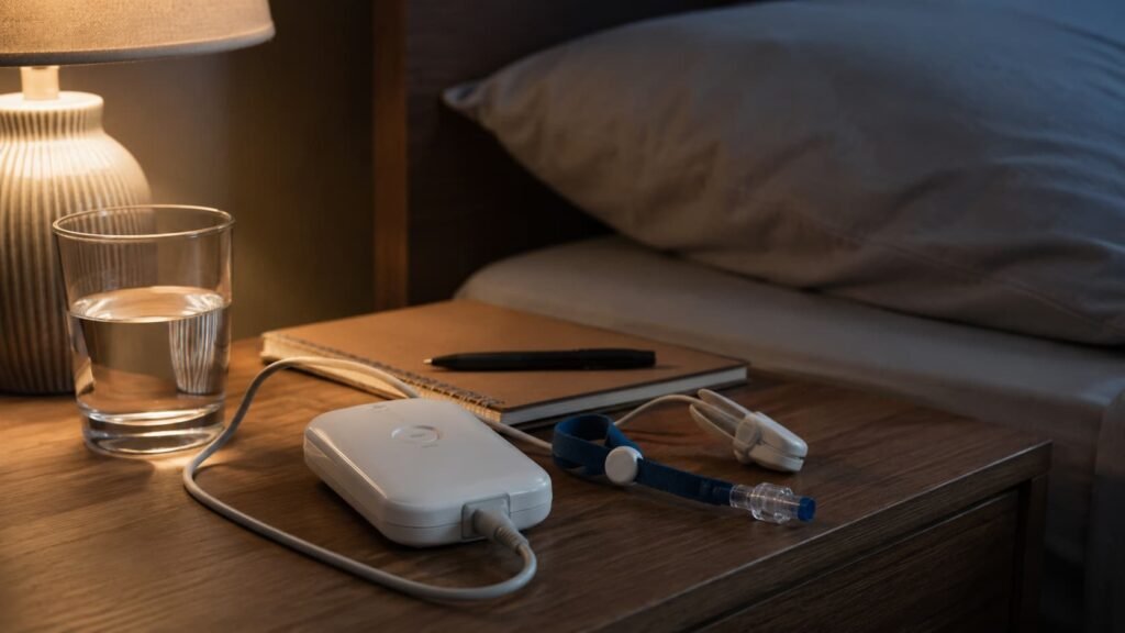 CPAP machine beside a bed after treatment for sleep apnea