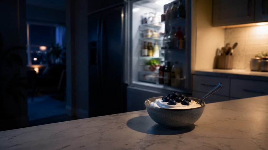 bowl of Greek yogurt with blueberries before bed