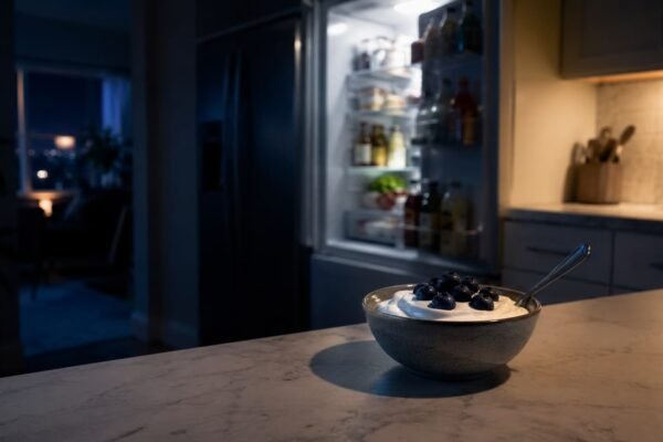 bowl of Greek yogurt with blueberries before bed