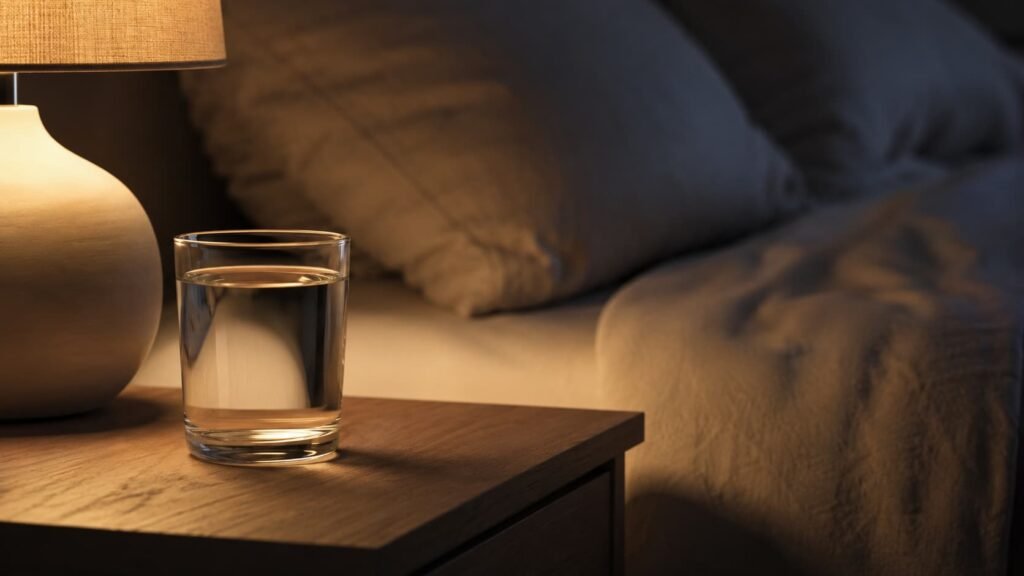 Drinking water before bed on a nightstand