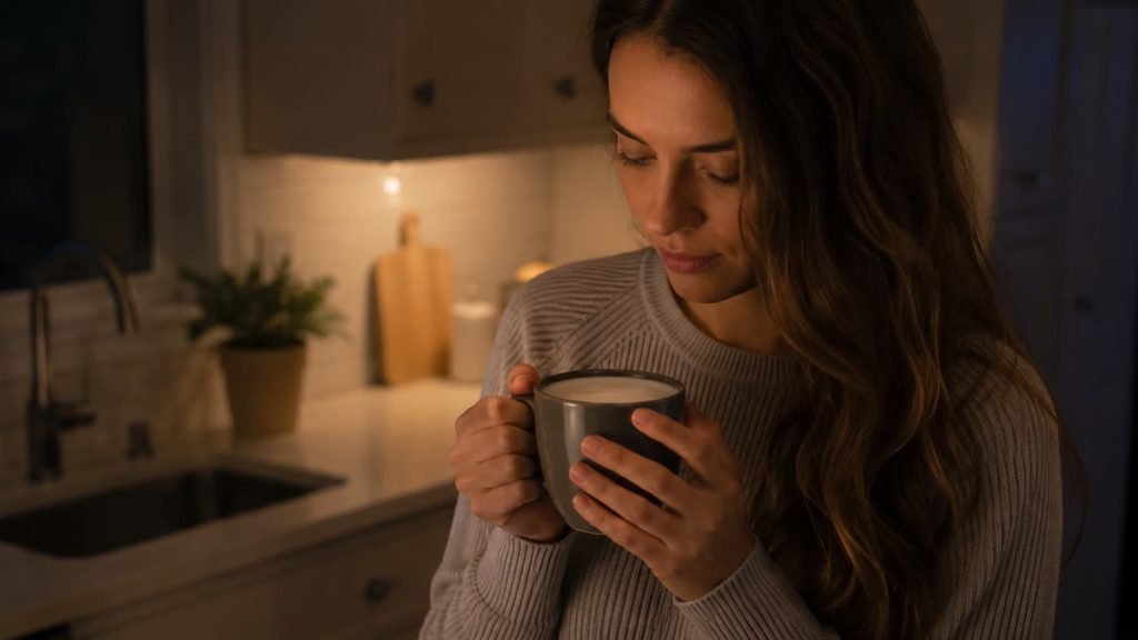 Warm milk before bed in a cozy evening kitchen