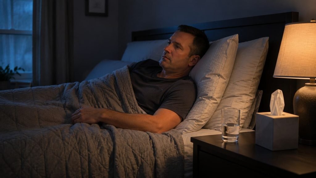 Man sleeping in the best position for cough with upper body elevated