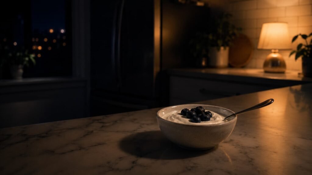 simple late night yogurt bowl on kitchen counter