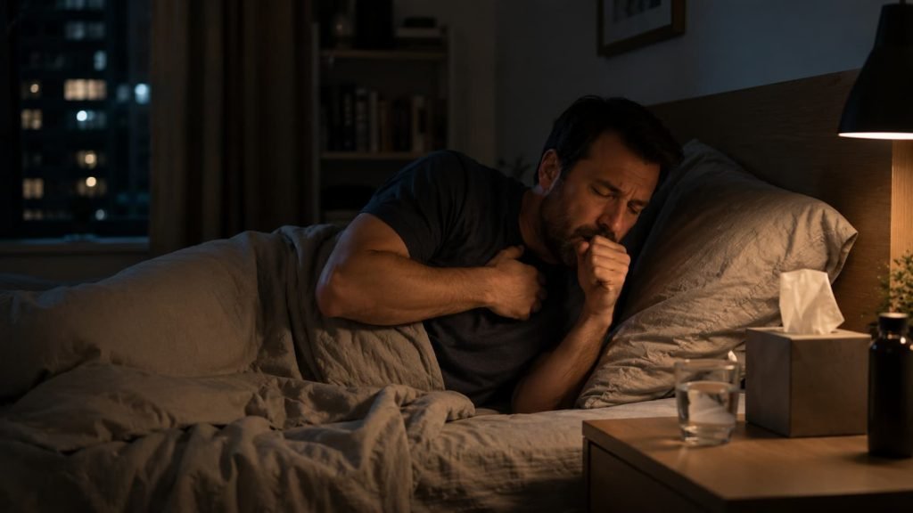 Man side sleeping while coughing at night