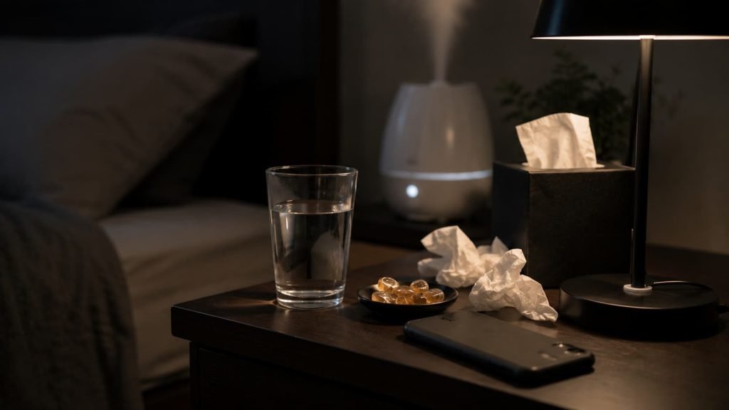 Nightstand setup for a man dealing with nighttime cough