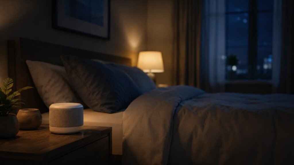 calm bedroom at night with a speaker playing soft brown noise