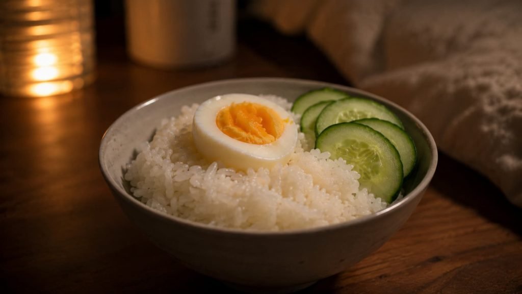 Small bowl of rice before bed with egg as a simple snack