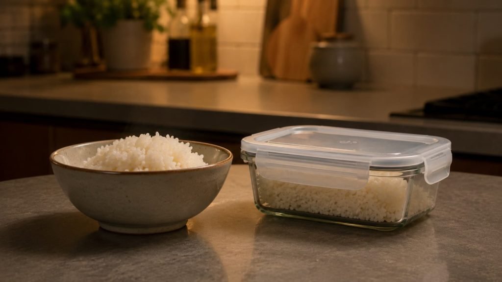 Properly stored rice bedtime snack in a small bowl