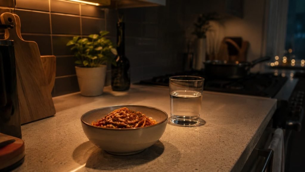 Spicy food before bed on a late-night kitchen counter