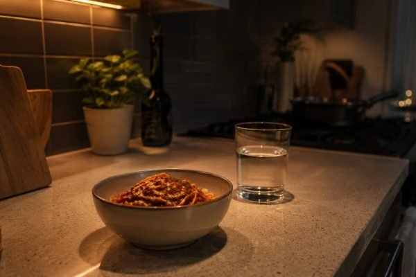 Spicy food before bed on a late-night kitchen counter