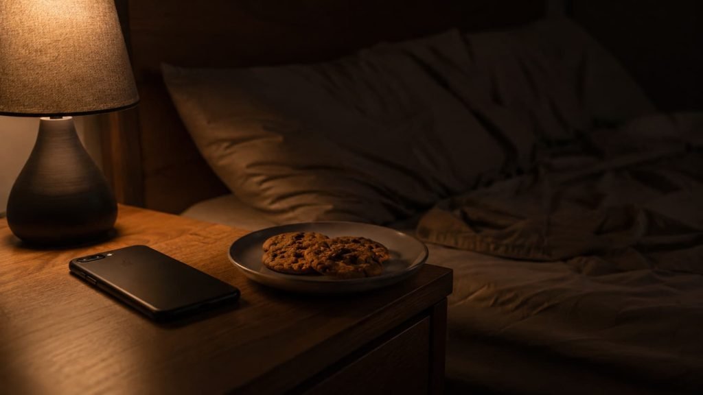 Late-night sugar snack before sleep on a bedside table