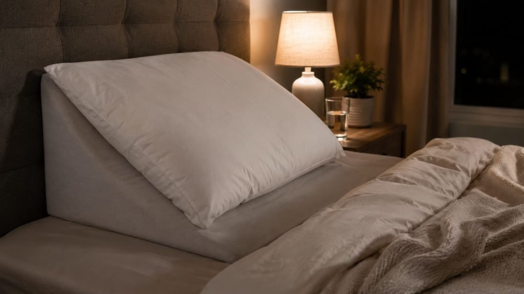 Gentle bedtime setup for bloating with water and elevated pillows