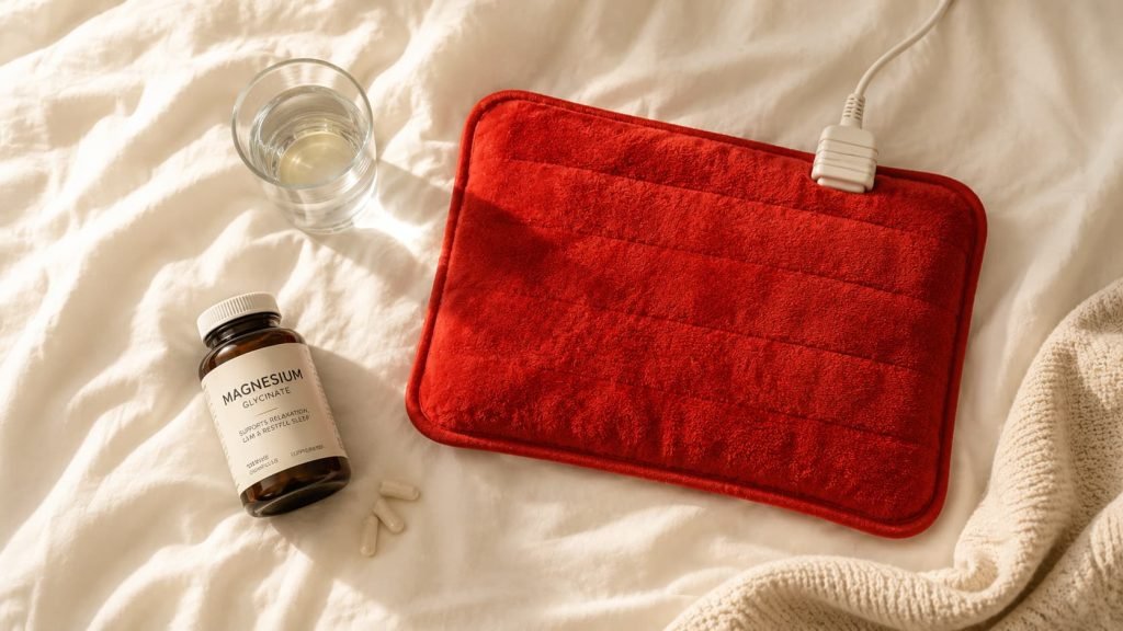 heating pad on bed for period cramp relief before sleeping